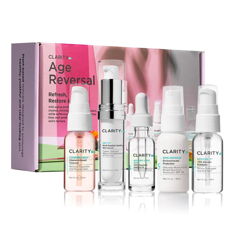 ClarityRx Age Reversal Anti-Aging Skin Care Set, Kit Includes Natural Plant-Based Face Wash, Glycolic Acid Facial Scrub, Peptide Serum, Squalane Mois