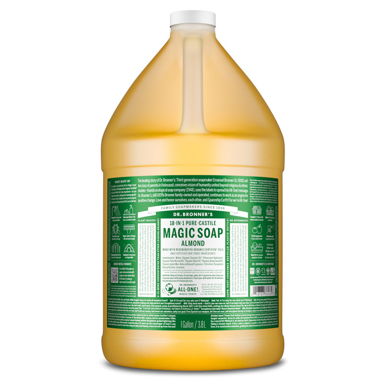 Dr. Bronner's Pure-Castile Magic Soap Liquid (Almond, 1 Gallon) - Made with Regenerative Organic Certified Oils, 18-in-1 Uses: Face, Body, Hair, Laun