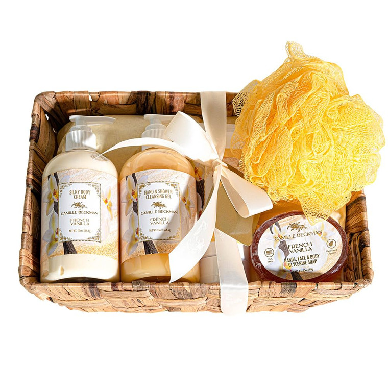 Camille Beckman Essentials Gift Basket, French Vanilla, Glycerine Hand Therapy 6 oz, Silky Body Cream 13 oz, Hand and Shower Cleansing Gel 13 oz, Gly