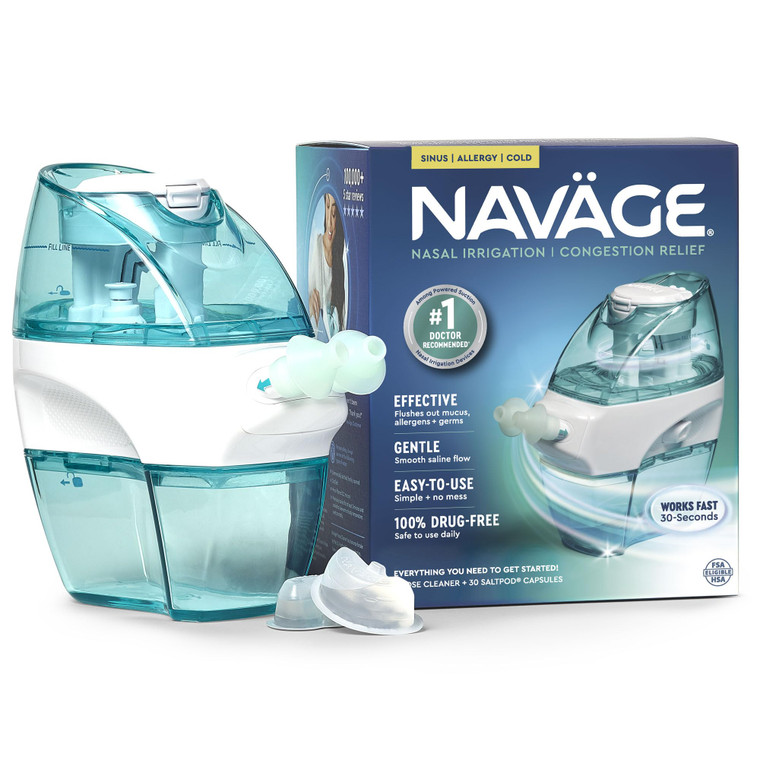Navage Starter Bundle  Nasal Irrigation System - Saline Nasal Rinse Kit with 1 Nose Cleaner and 30 SaltPods for Congestion Relief ($109 Value). Sinu