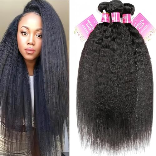 MeiYou 12A Kinky Straight Hair 3 Bundles Yaki Human Hair Weave Unprocessed Brazilian Virgin Remy Sew in Hair Extensions Natural Black (16.18.20)