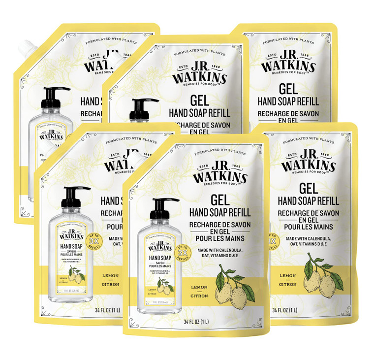 J.R. Watkins Gel Hand Soap Refill Pouch, Scented Liquid Hand Wash for Bathroom or Kitchen, USA Made and Cruelty Free, 34 fl oz, Lemon, 6 Pack