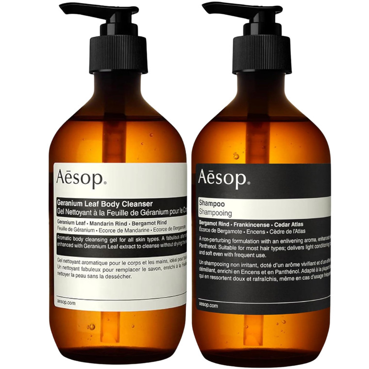 Aesop Geranium Leaf Body Cleanser & Shampoo Set | Refreshing Botanical Body Wash and Daily Shampoo for All Hair Types | 16.9 oz (Set of 2)