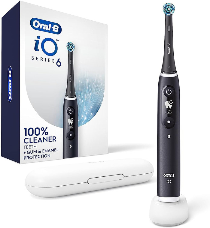 Oral-B iO Series 6 Rechargeable Electric Toothbrush with Visible Pressure Sensor to Protect Gums, 2 Minute Timer, 5 Cleaning Settings, 1 Replacement