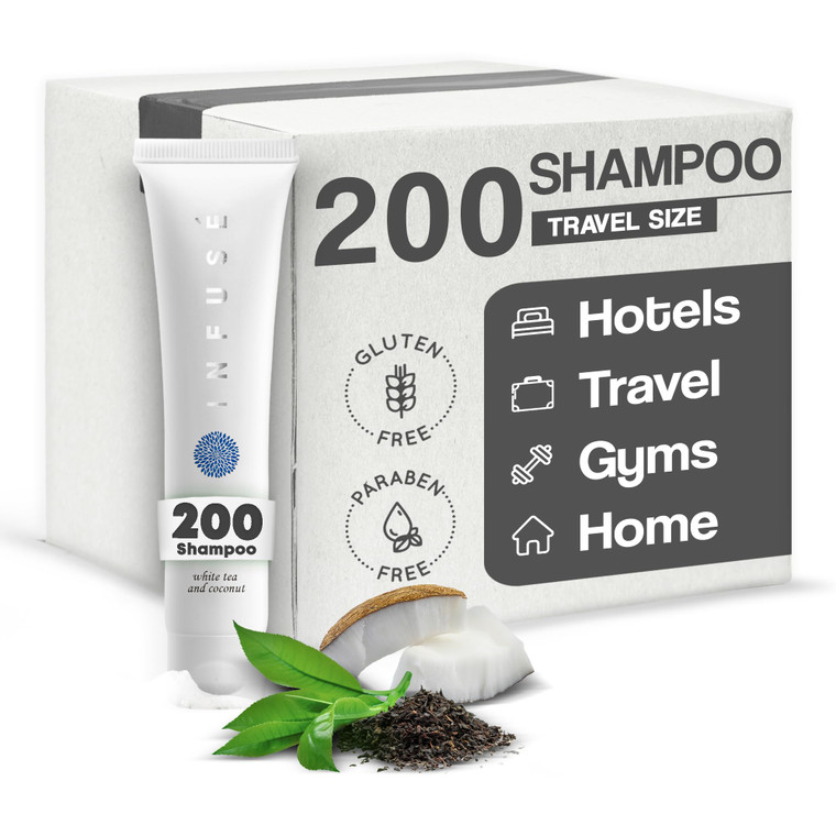 Travel Size Hotel Shampoo 200 Count 1 oz Bottles Guest Amenities for Hotels Vacation Rentals and Short Term Rentals Paraben Free White Tea and Coconu
