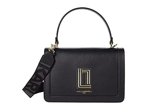 KARL LAGERFELD Women's Simone Solid Satchel Crossbody, Black/Gold, One Size