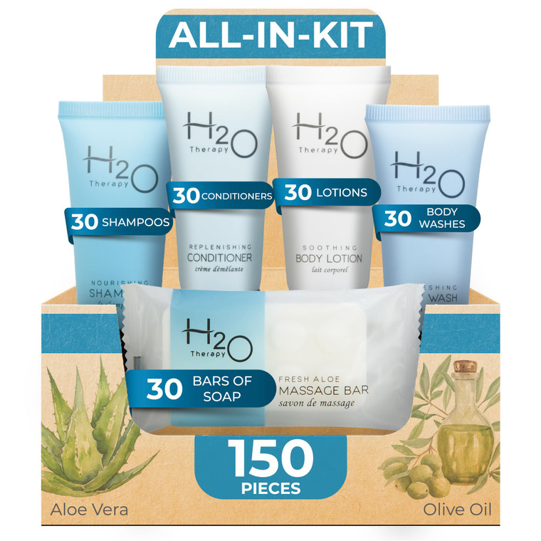 H2O Therapy Hotel Soaps & Toiletries Bulk Set | 1-Shoppe Amenities Kit | 0.85oz Shampoo & Conditioner, Body Wash, Lotion, 1oz Bar Soap | Travel Size