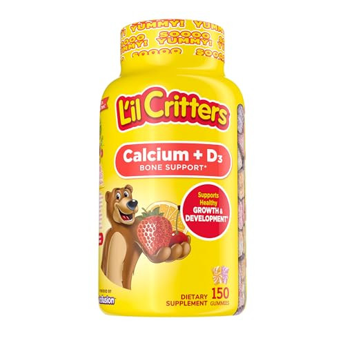 Lil Critters Calcium + D3 Daily Gummy Supplement for Kids, for Bone Support, Orange, Strawberry and Cherry Flavors, 150 Gummies