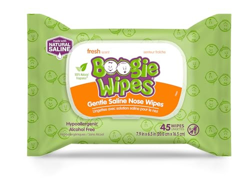 Baby Saline Wipes by Boogie for Face, Hand, Body & Nose, Made with Vitamin E, Aloe, Chamomile and Natural Saline, Fresh Scent, 45 Count