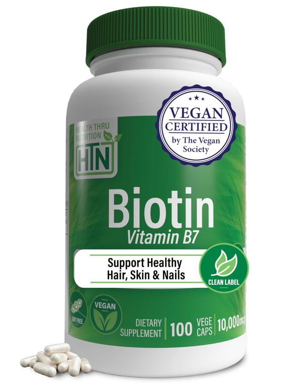 Health Thru Nutrition Biotin 10,000mcg Vegan 100 Capsules | Vitamin B7 | Hair, Skin, Nail Support & Keratin Production | Non-GMO, Soy-Free, Gluten-Fr