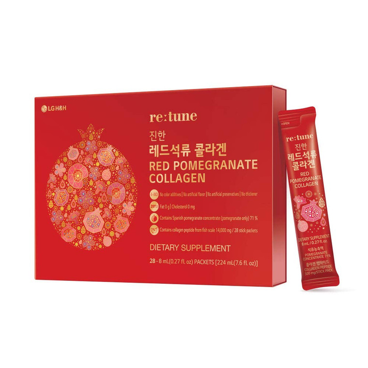 LG H&H re:tune Red Pomegranate Collagen I Liquid Collagen Supplement, Pomegranate Concentrate, Fish Scale Collagen Peptide 500 mg, Red Ginseng Concen