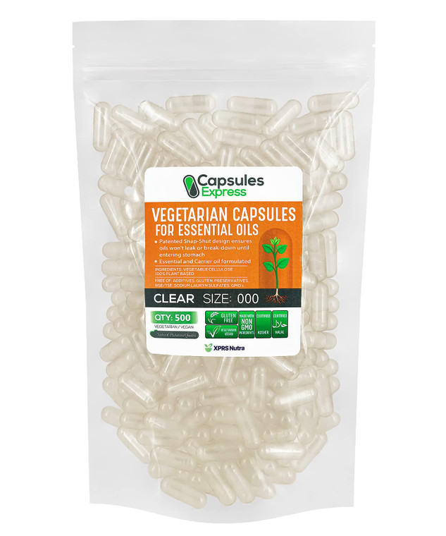 XPRS Nutra Size 00 Empty Vegan Capsules - 500 Count Clear Veggie Capsules for Essential Oils - Empty Vegetable Caps - DIY Filling Works with Most Oil