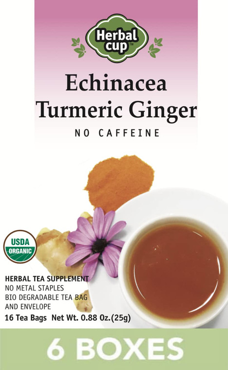 Herbal Cup Echinacea Tea, Organic Turmeric Ginger, No Caffeine Herbal Teas (16 Count, Pack of 6)