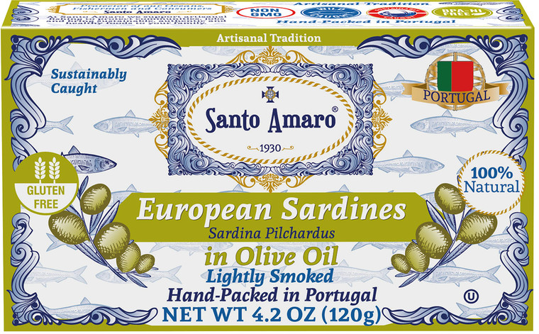 Santo Amaro - Authentic European Sardines in Olive Oil, Wild Caught and Hand-Packed in Portugal, Lightly Smoked Canned Sardines with 20g Protein, Ket