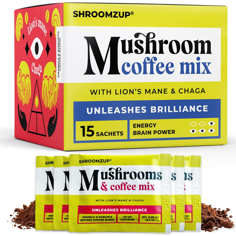 Instant Mushroom Coffee with Lions Mane and Chaga - 15 Pack - Nootropic Superfood Mushroom Coffee Instant - Arabica and Robusta Shrooms Instant Coffe