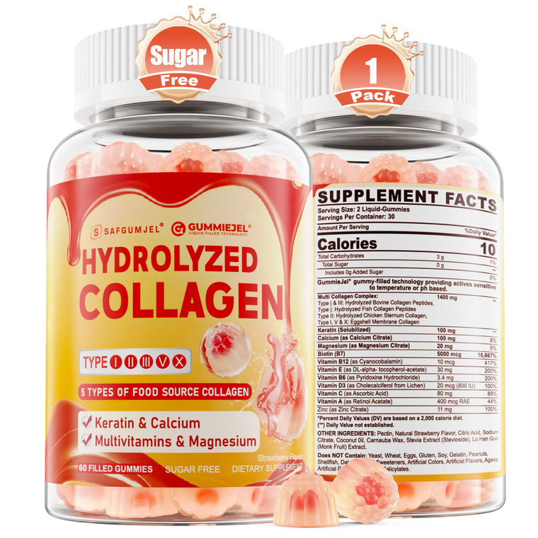 Collagen Peptide Gummies for Women Men, Sugar Free Multi Collagen Supplement, 1400mg Hydrolyzed Collagen Types I II III V X, 5000mcg Biotin, Vitamin