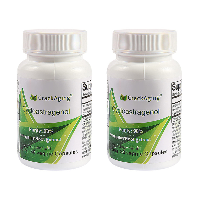 Crackaging Super-Absorption Cycloastragenol 98% 25mg, 60 Capsules in 2 Bottles for Telomere, Immune & Longevity Support Supplements