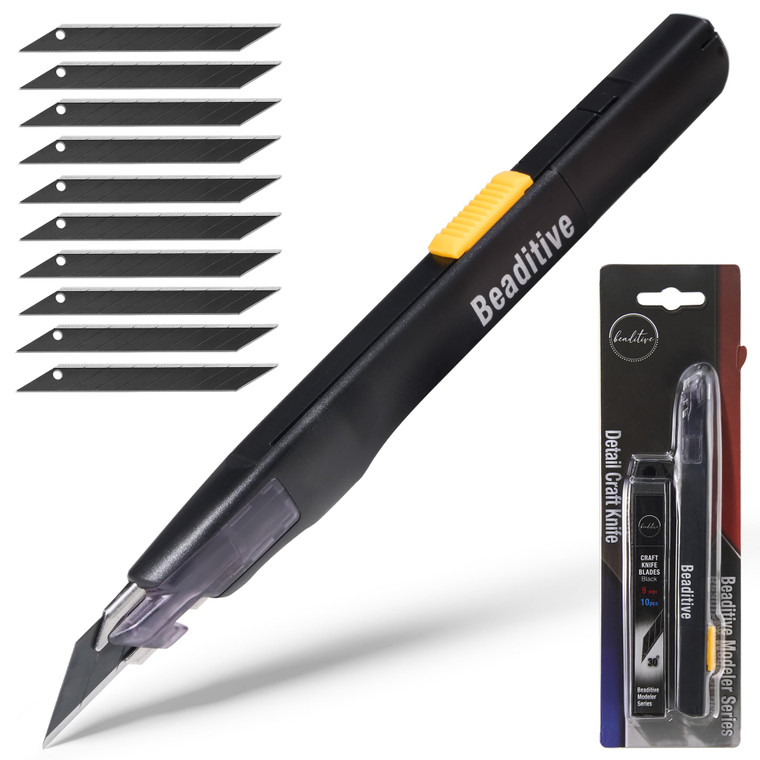 Beaditive High Precision Detail Craft Knife with 10 Blades - 30 Degree Blade Utility Knife - Art, Craft, Model Making (1 Black Knife, 10 Black Blades