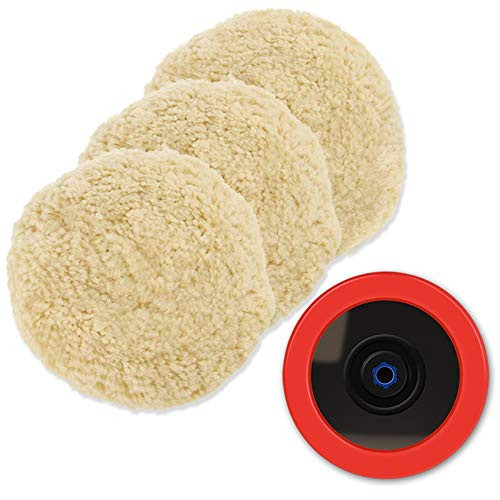 Wool Polishing Pads, SPTA 8"(200mm) 100% Natural Wool Buffing Pad with Hook & Loop Backing 4pcs Set Come with 5/8-11 Thread Backing Plate for Car Pol