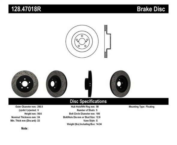 StopTech 128.47018R Sport Cross-Drilled Disc Brake Rotor