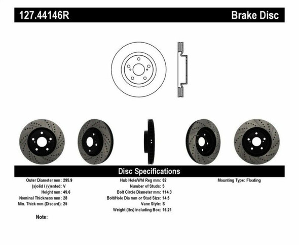 StopTech 127.44146R Sport Cross-Drilled And Slotted Disc Brake Rotor