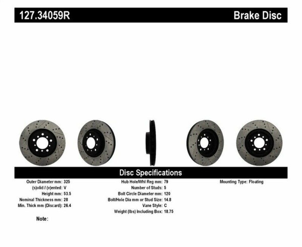 StopTech 127.34059R Sport Cross-Drilled And Slotted Disc Brake Rotor Fits M3