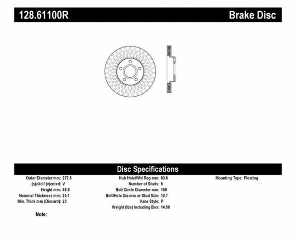 StopTech 128.61100R Sport Cross-Drilled Disc Brake Rotor