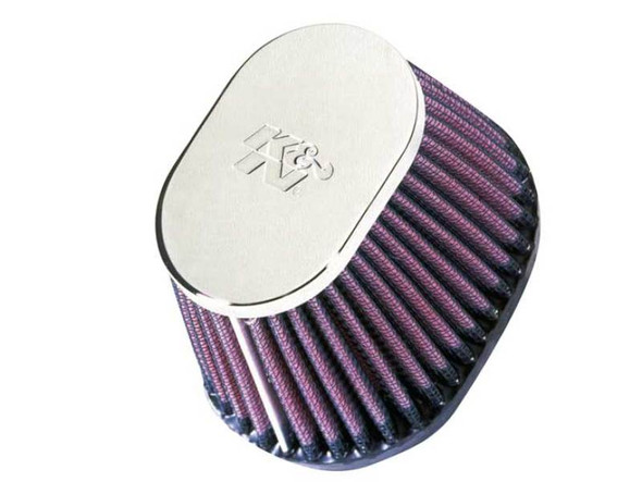 K&N Uni Chrome Oval Tapered Filter 2.125in FlgID x 4inB OL x 3inB OW x 3inT OL x 2inT OW x 2.75in H (RC-0981)