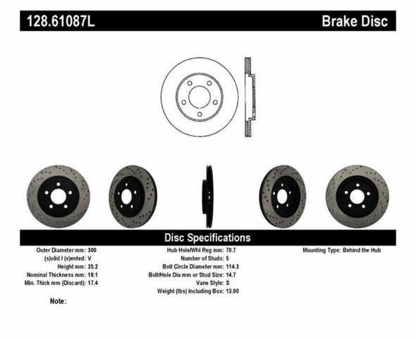 StopTech 128.61087L Sport Cross-Drilled Disc Brake Rotor Fits 05-14 Mustang