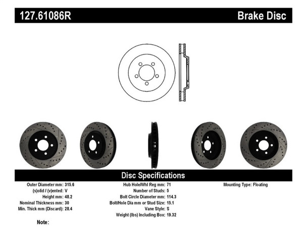 StopTech 127.61086R Sport Cross-Drilled And Slotted Disc Brake Rotor