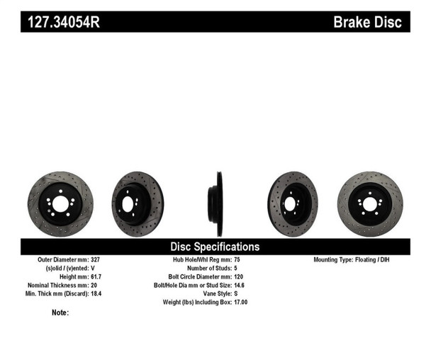 StopTech 127.34054R Sport Cross-Drilled And Slotted Disc Brake Rotor Fits M3 M5
