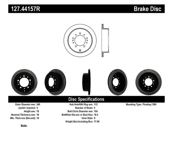 StopTech 127.44157R Sport Cross-Drilled And Slotted Disc Brake Rotor