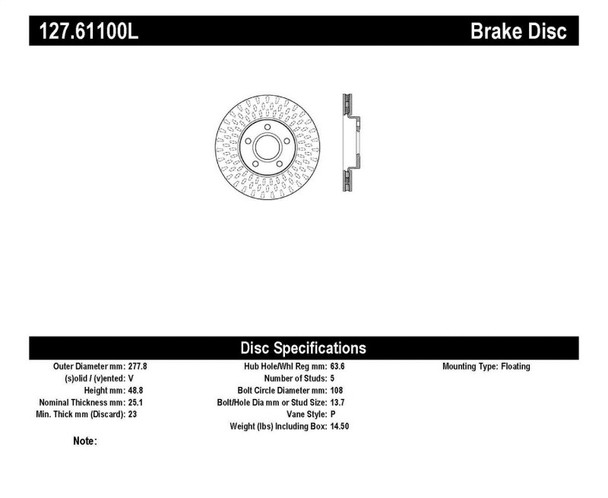 StopTech 127.61100L Sport Cross-Drilled And Slotted Disc Brake Rotor