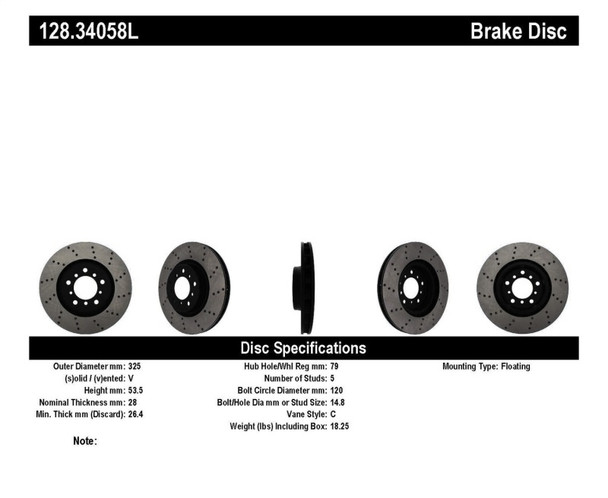 StopTech 128.34058L Sport Cross-Drilled Disc Brake Rotor Fits 01-06 M3