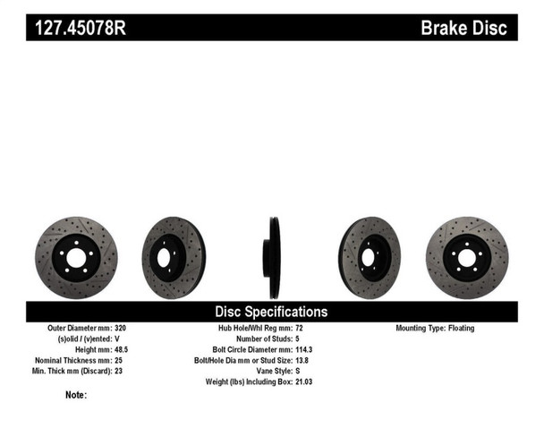 StopTech 127.45078R Sport Cross-Drilled And Slotted Disc Brake Rotor Fits 3
