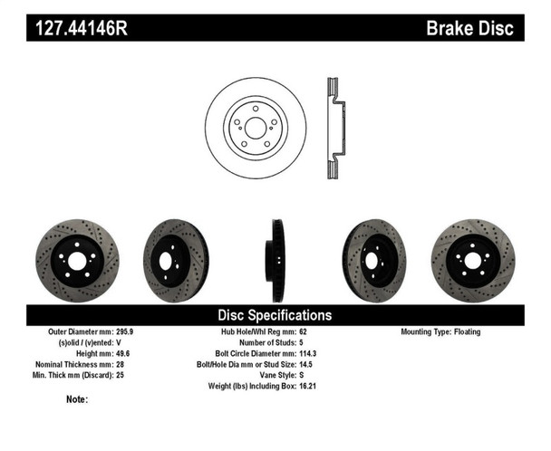 StopTech 127.44146R Sport Cross-Drilled And Slotted Disc Brake Rotor