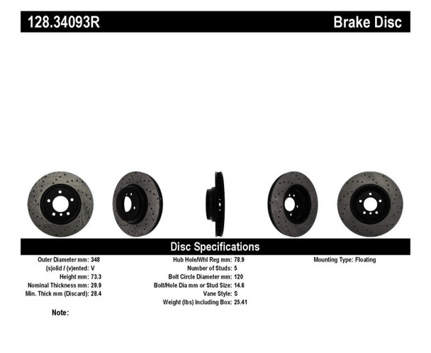 StopTech 128.34093R Sport Cross-Drilled Disc Brake Rotor