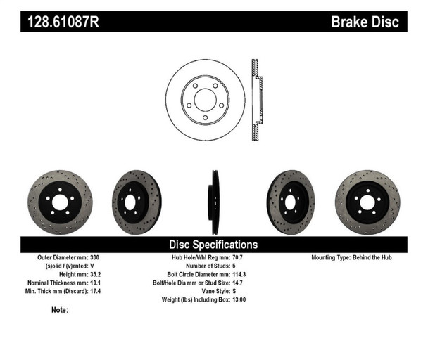 StopTech 128.61087R Sport Cross-Drilled Disc Brake Rotor Fits 05-14 Mustang