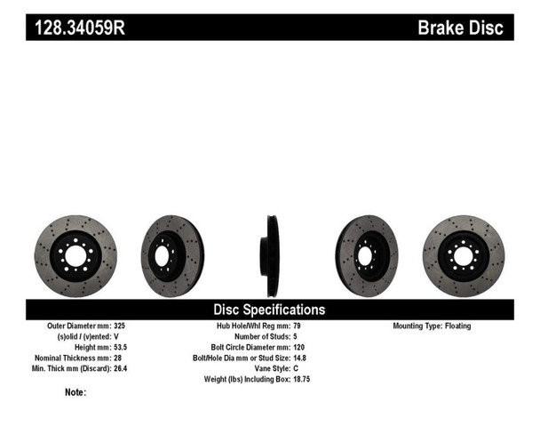 StopTech 128.34059R Sport Cross-Drilled Disc Brake Rotor Fits 01-06 M3
