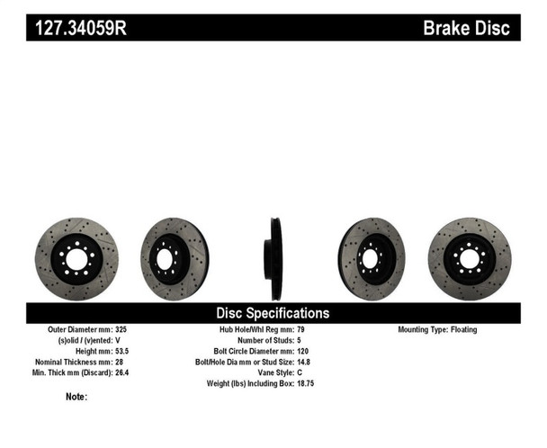StopTech 127.34059R Sport Cross-Drilled And Slotted Disc Brake Rotor Fits M3