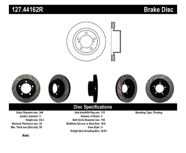 StopTech 127.44162R Select Sport Cross-Drilled And Slotted Disc Brake Rotor