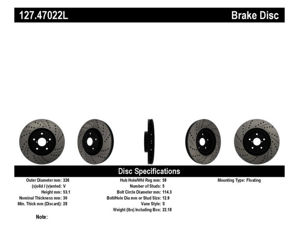 StopTech 127.47022L Sport Cross-Drilled And Slotted Disc Brake Rotor