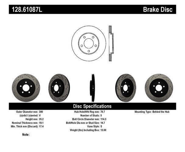 StopTech 128.61087L Sport Cross-Drilled Disc Brake Rotor Fits 05-14 Mustang