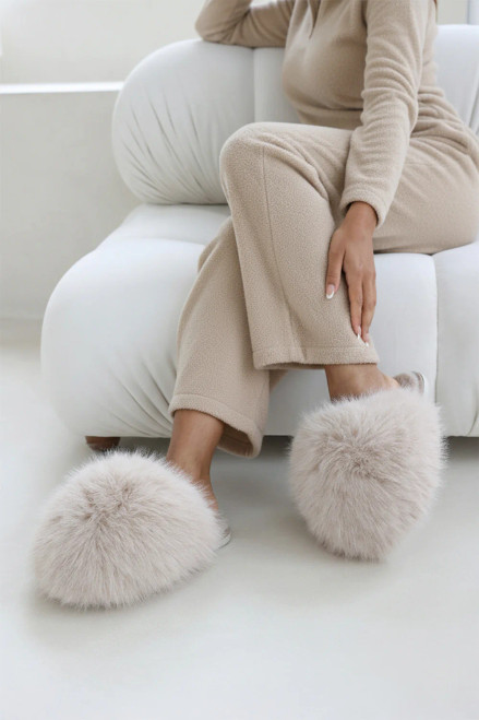 Beige Oversized Faux Fur  Slippers