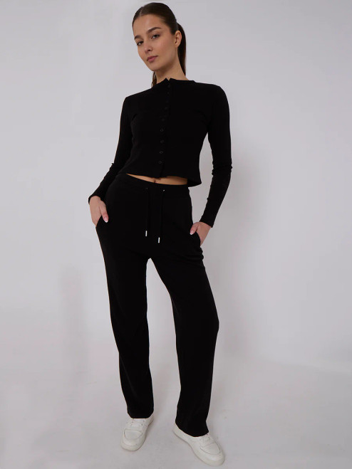 Black Ribbed Button Through Top & Trousers Set