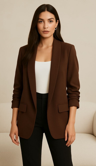 Brown Ruched Sleeve Blazer