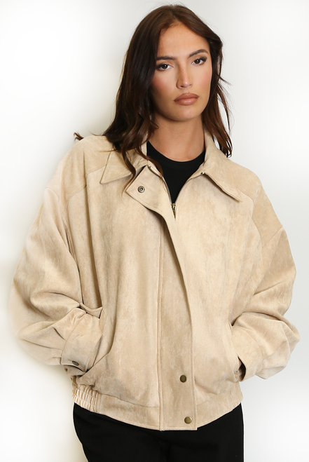 Beige Faux Suede Bomber Jacket Beige Faux Suede Bomber Jacket