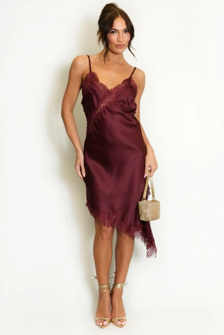 Burgundy Satin Lace Trim Dress