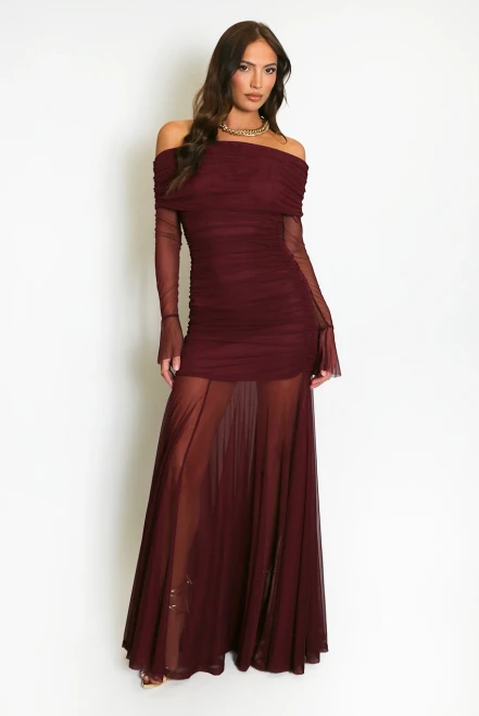 Burgundy Bardot Maxi Dress
