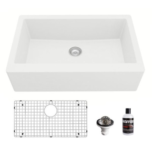34" White Undermount Single Bowl Farmhouse Quartz Package